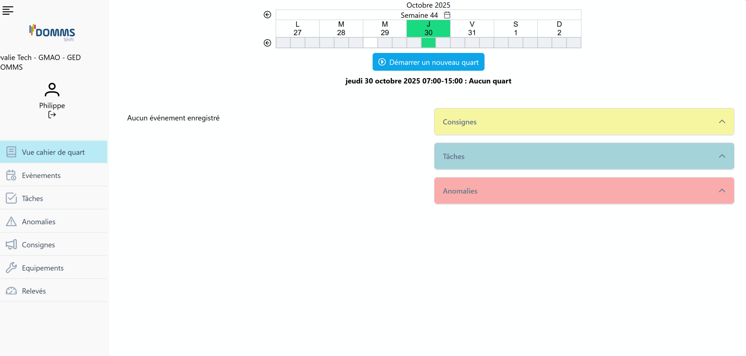 "Capture du journal de quart digital DOMMS Shift - GMAO"