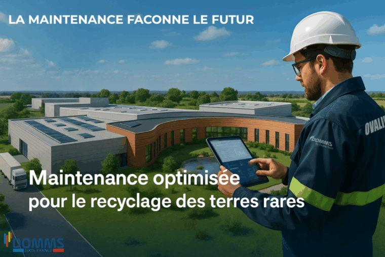 Technicien utilisant logiciel GMAO DOMMS pour maintenance usine recyclage terres rares"